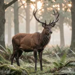 Cerf majestueux aux grands bois debout à l'orée d'une forêt brumeuse au lever du jour, symbolisant la spiritualité et la connexion à la nature