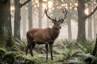 Cerf majestueux aux grands bois debout à l'orée d'une forêt brumeuse au lever du jour, symbolisant la spiritualité et la connexion à la nature