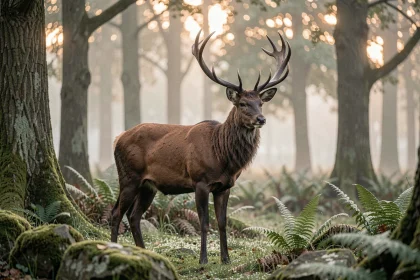 Cerf majestueux aux grands bois debout à l'orée d'une forêt brumeuse au lever du jour, symbolisant la spiritualité et la connexion à la nature