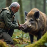 Chercheur mesurant les défenses d'un sanglier sauvage en forêt