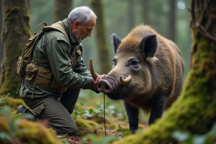 Chercheur mesurant les défenses d'un sanglier sauvage en forêt