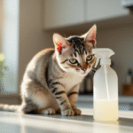 Chat curieux reniflant un spray de vinaigre blanc sur un plan de cuisine
