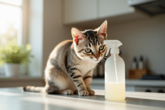 Chat curieux reniflant un spray de vinaigre blanc sur un plan de cuisine