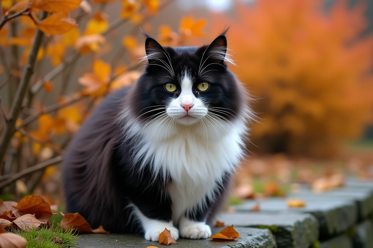 Chat des forêts norvégiennes bicolore assis sur un muret de pierres mousses dans un jardin en automne