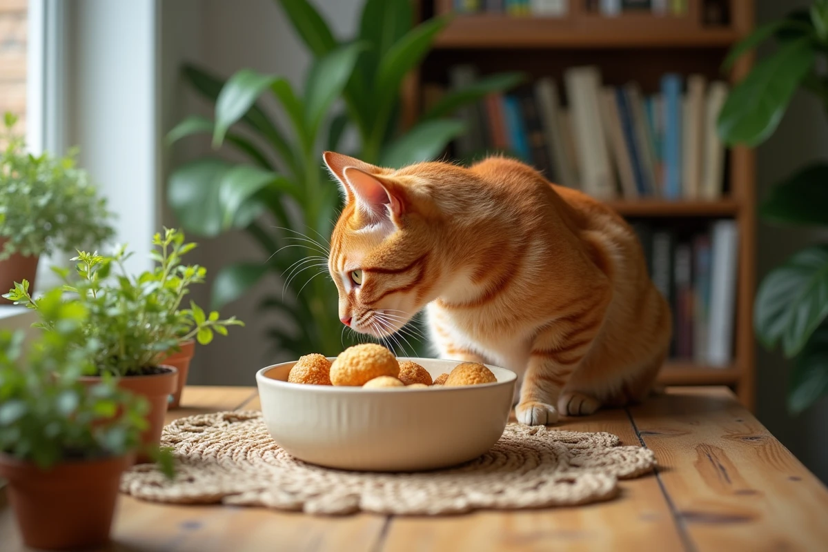 Chat roux de 12 mois reniflant sa nourriture sur la table