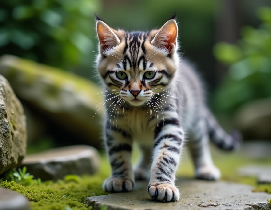 Jeune chat Highlander à la robe tachetée grise explorant un jardin extérieur verdoyant avec ses oreilles caractéristiques recourbées