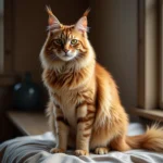 Chat Highlander adulte aux oreilles recourbées et à la fourrure épaisse, assis sur une surface en bois rustique dans un intérieur chaleureux