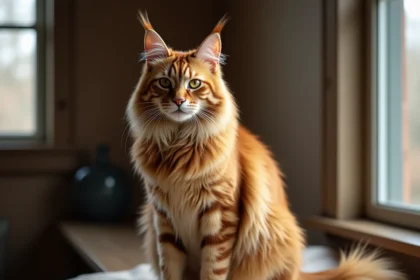 Chat Highlander adulte aux oreilles recourbées et à la fourrure épaisse, assis sur une surface en bois rustique dans un intérieur chaleureux