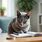Chat Korat argenté assis sur une table en bois à côté d'un carnet ouvert, illustrant le budget à prévoir pour l'adoption d'un chaton Korat