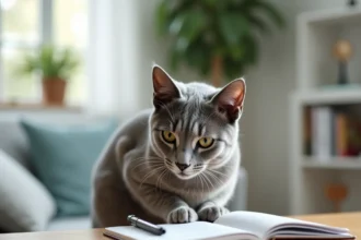 Chat Korat argenté assis sur une table en bois à côté d'un carnet ouvert, illustrant le budget à prévoir pour l'adoption d'un chaton Korat