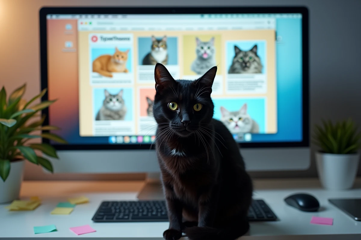 Chat noir assis devant un écran d'ordinateur affichant un site web de mèmes de chats colorés