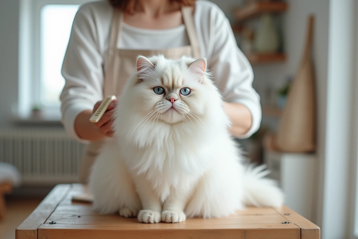 Chat persan blanc aux poils longs en séance de toilettage avec une femme dans un studio minimaliste