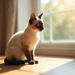 Chat siamois assis sur un sol en bois en lumière naturelle