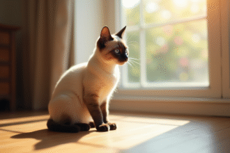 Chat siamois assis sur un sol en bois en lumière naturelle