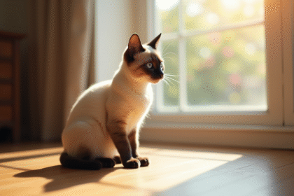Chat siamois assis sur un sol en bois en lumière naturelle
