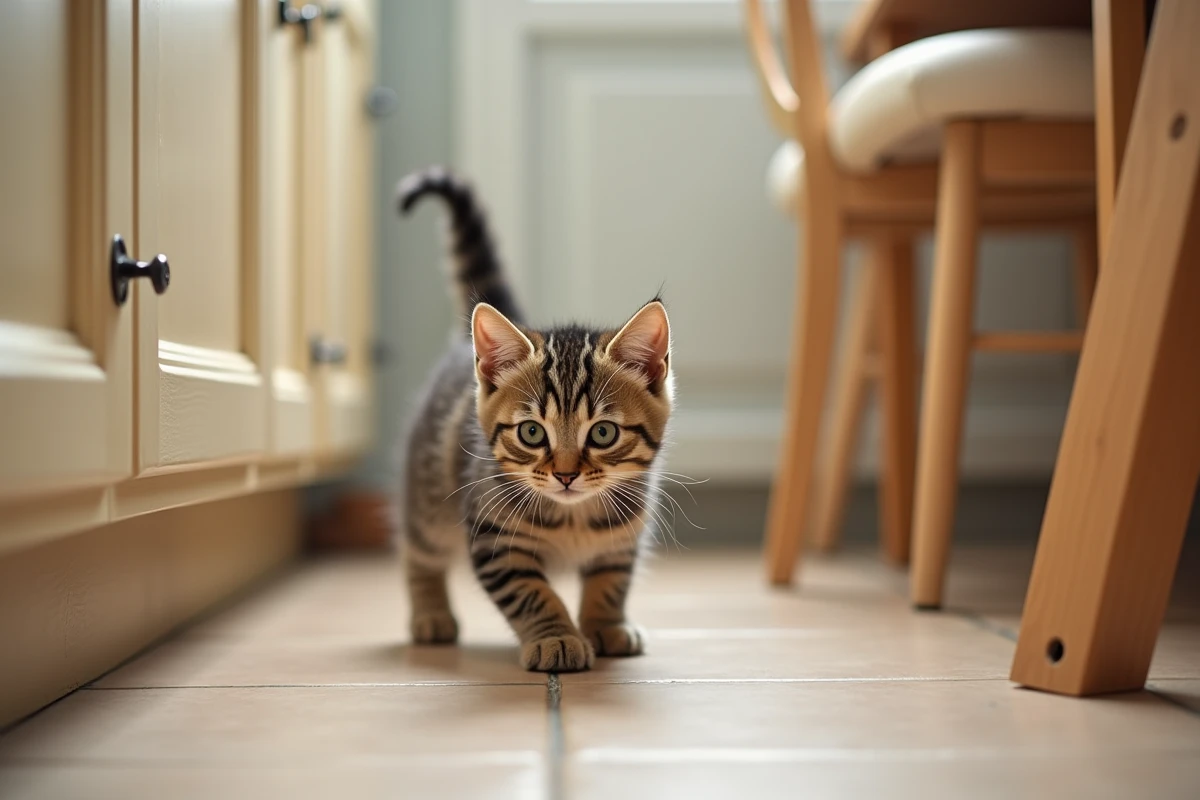 Chaton tigré de 3 mois explorant une cuisine sécurisée avec des protections adaptées pour son arrivée