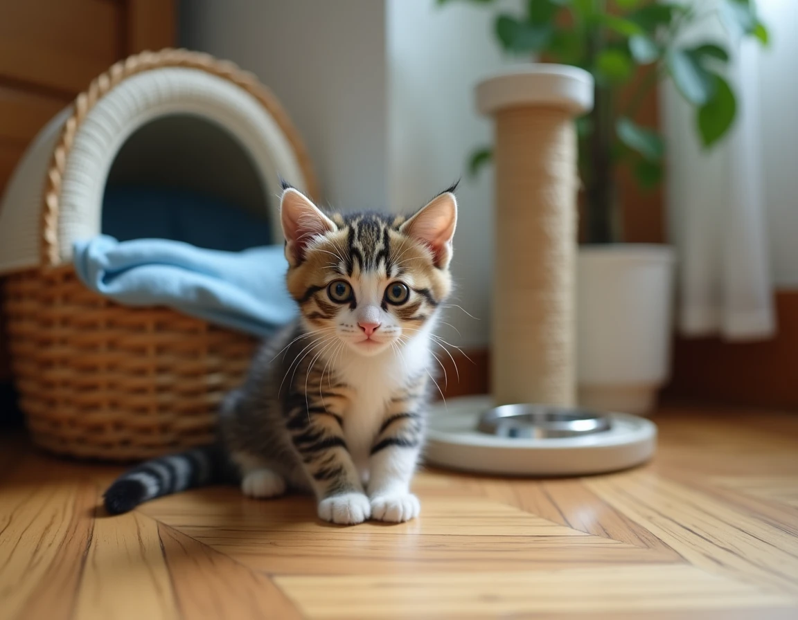 Chaton tabby assis près de son panier et de ses accessoires dans un appartement, illustrant les équipements essentiels pour adopter un chaton