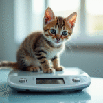 Petit chaton tigré pesé sur une balance vétérinaire lumineuse