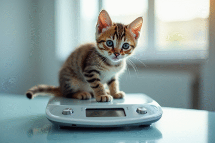 Petit chaton tigré pesé sur une balance vétérinaire lumineuse