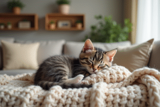 Chaton de trois mois dormant paisiblement sur une couverture