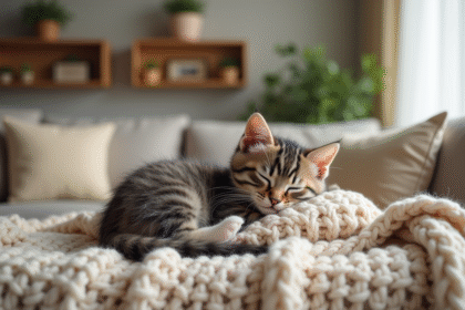 Chaton de trois mois dormant paisiblement sur une couverture