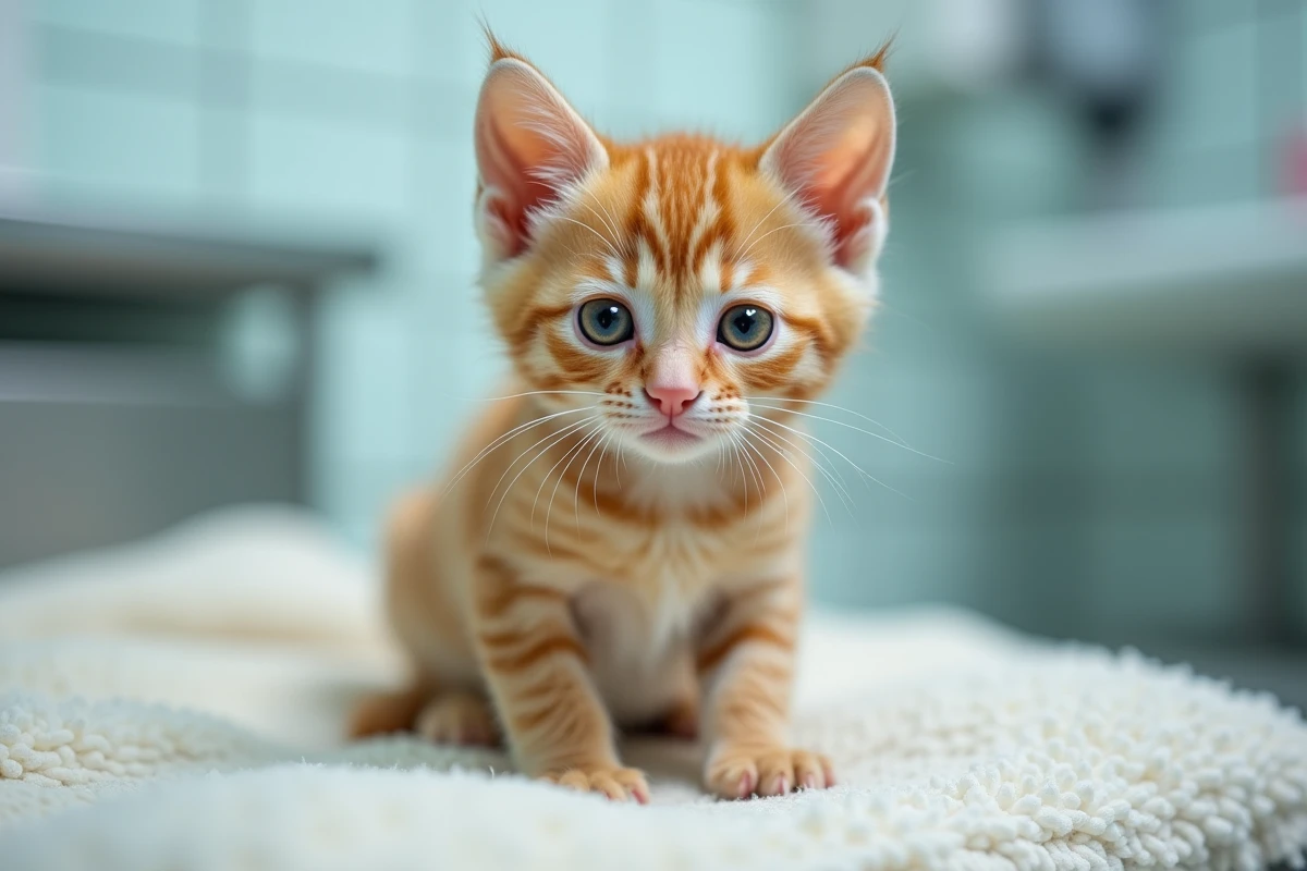 Chaton orange avec œil ulcéré en clinique vétérinaire