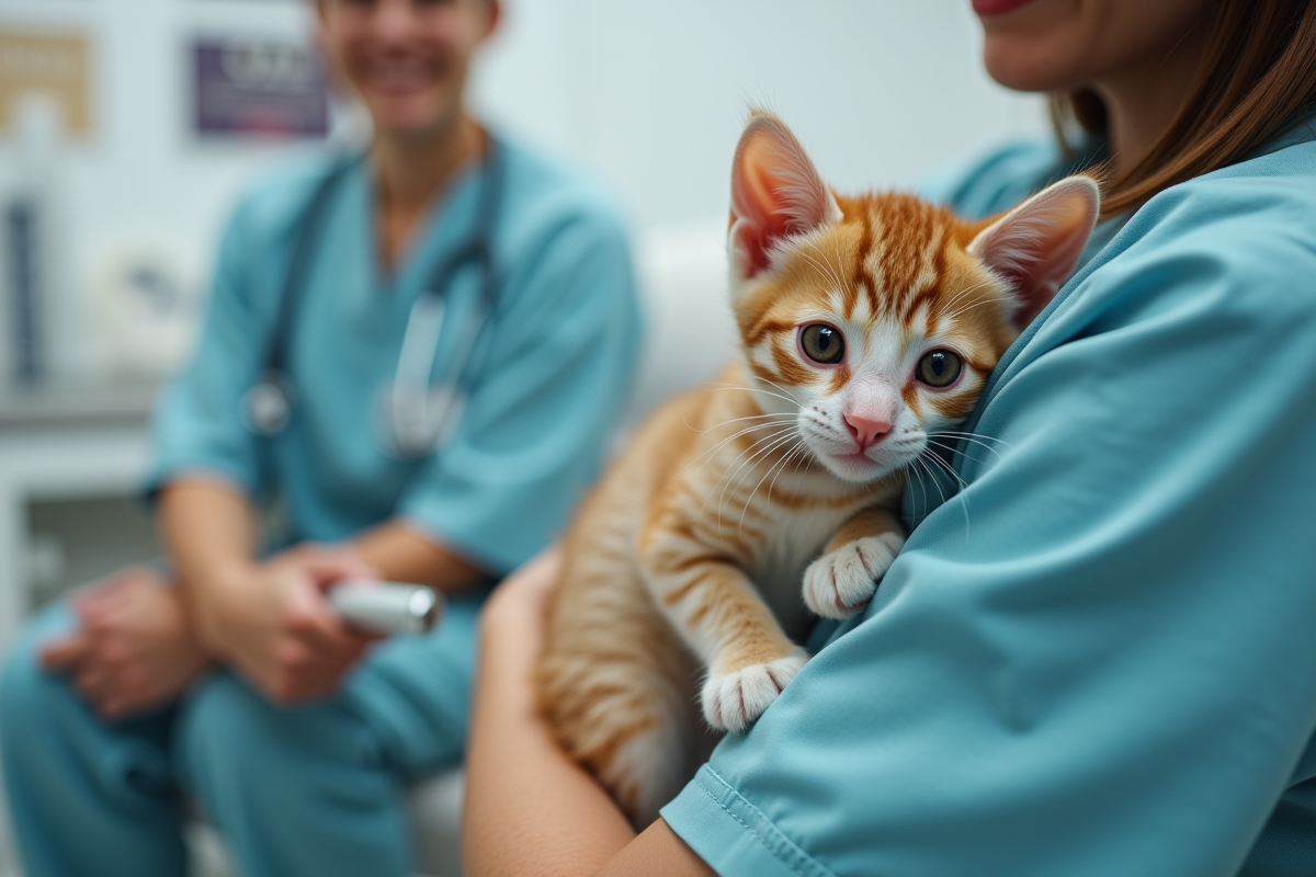 Chaton câliné par un vétérinaire dans une clinique