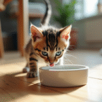 Chaton tigré de trois semaines approche une gamelle d'eau