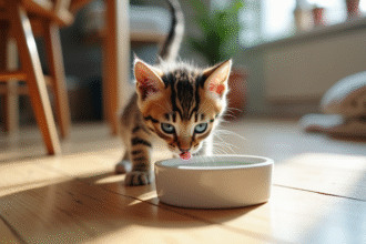 Chaton tigré de trois semaines approche une gamelle d'eau