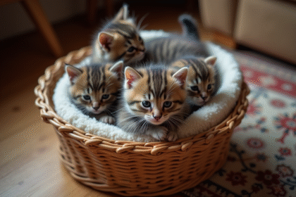 Petits chatons nouveau-nés dans un panier douillet