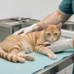 Chatte tigrée examinée sur une table vétérinaire lors d'une consultation pour chaleurs
