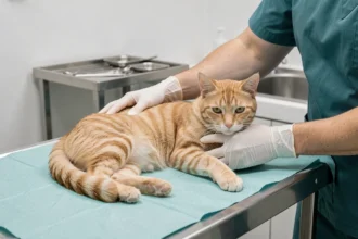 Chatte tigrée examinée sur une table vétérinaire lors d'une consultation pour chaleurs