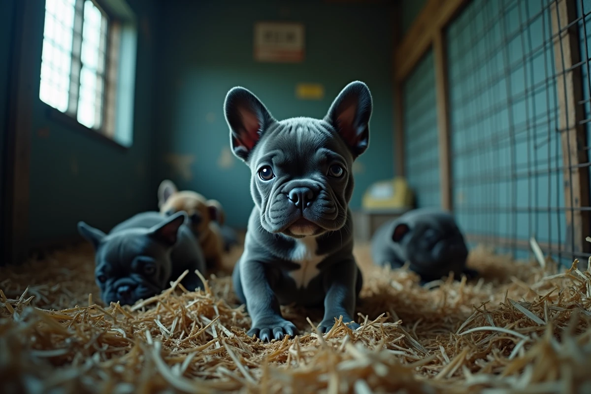 Chiot bouledogue français bleu dans un chenil surpeuplé et mal entretenu, signe d'un élevage peu scrupuleux