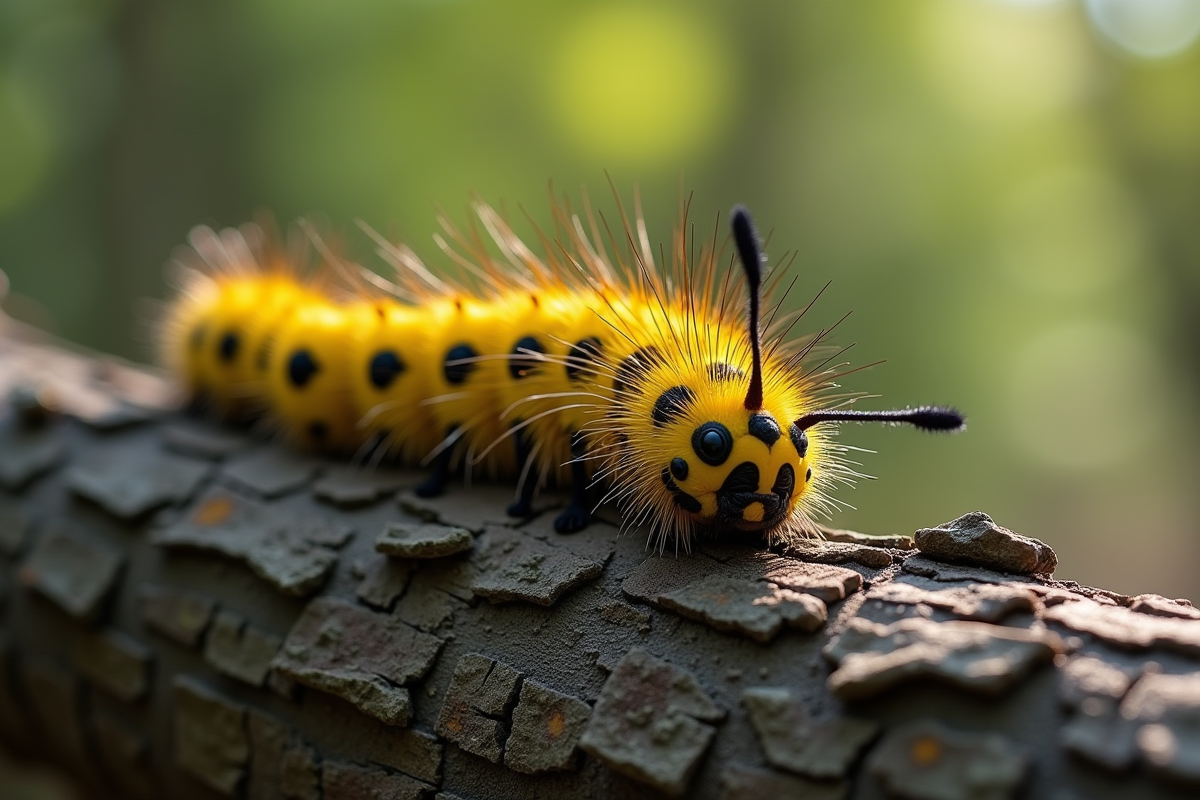 Chenille jaune et noire sur l