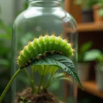 Chenille verte mangeant une feuille fraîche dans un terrarium en verre, gros plan macro détaillant sa texture et ses mandibules