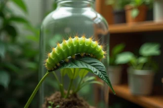 Chenille verte mangeant une feuille fraîche dans un terrarium en verre, gros plan macro détaillant sa texture et ses mandibules