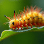 Chenille colorée sur une feuille verte en gros plan