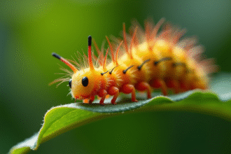 Chenille colorée sur une feuille verte en gros plan
