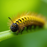 Chenille jaune et noire sur une feuille verte en macro