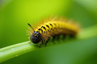 Chenille jaune et noire sur une feuille verte en macro