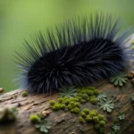 Chenille noire poilue en gros plan sur l'écorce d'un arbre, montrant ses poils urticants caractéristiques