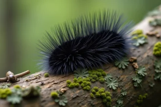 Chenille noire poilue en gros plan sur l'écorce d'un arbre, montrant ses poils urticants caractéristiques