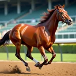 Cheval de course pur-sang au galop sur une piste de course, illustrant la vitesse et la puissance animale
