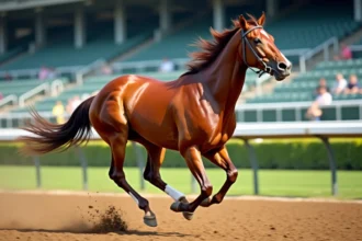 Cheval de course pur-sang au galop sur une piste de course, illustrant la vitesse et la puissance animale