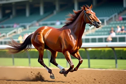 Cheval de course pur-sang au galop sur une piste de course, illustrant la vitesse et la puissance animale