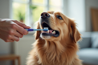 Chien retriever heureux lors du brossage dentaire à la maison