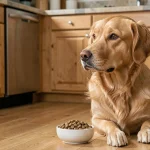 Chien golden retriever en bonne santé devant un bol de croquettes hypoallergéniques ultra premium dans une cuisine moderne en bois