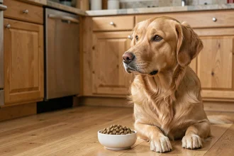 Chien golden retriever en bonne santé devant un bol de croquettes hypoallergéniques ultra premium dans une cuisine moderne en bois
