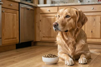 Chien golden retriever en bonne santé devant un bol de croquettes hypoallergéniques ultra premium dans une cuisine moderne en bois