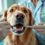 Chien retriever chez le veterinaire avec dents saines